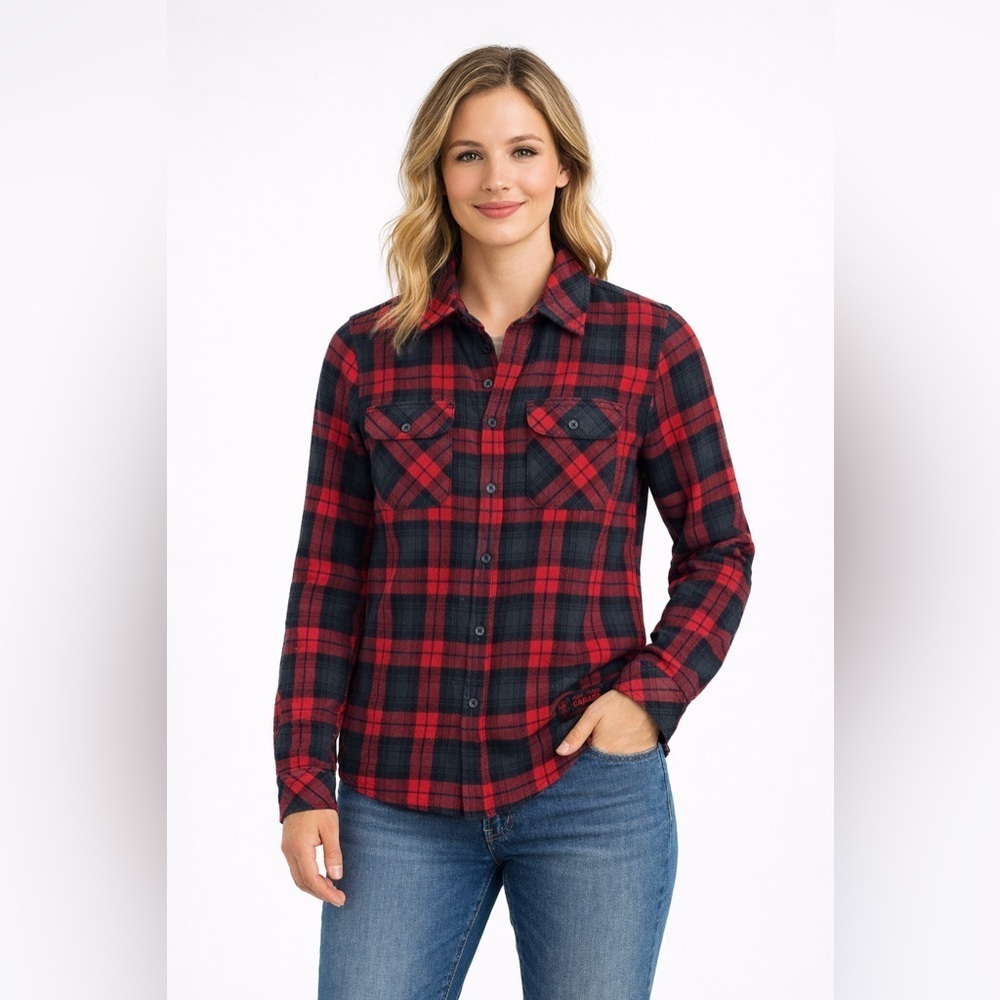 HBC Team Canada Red and Black Plaid Button-Down cotton flannel Shirt size XS